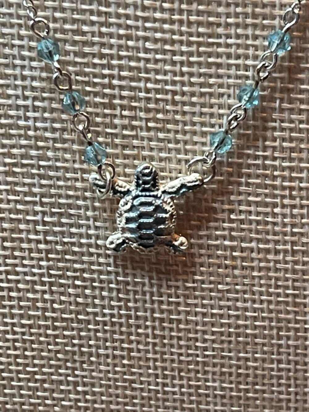Dainty Silver-Tone Sea Turtle Pendant Necklace Blue Faceted Bead Accents